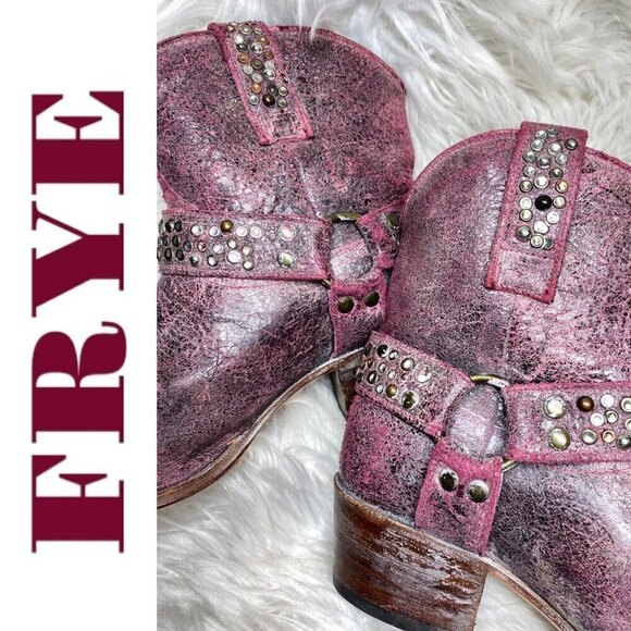 FRYE Deborah Studded Short Cowboy Western Boots Distressed Harness Pink, Size 8 - Picture 11 of 13